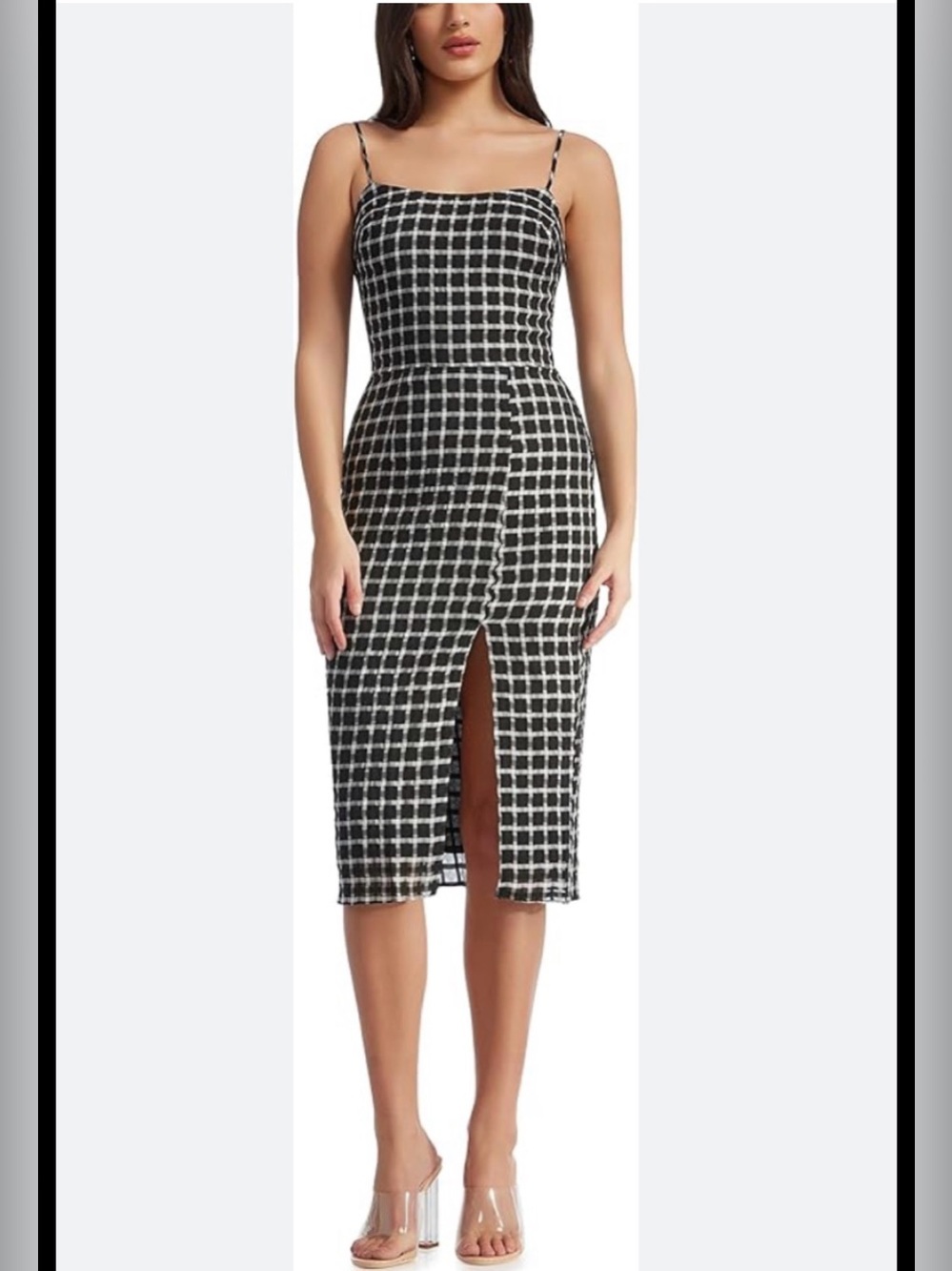 Dress The Population Kallan Plaid Bodycon Mini Dress in black and white